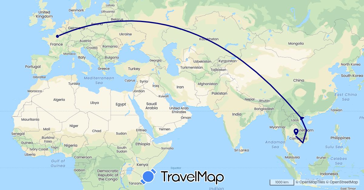 TravelMap itinerary: driving in France, Cambodia, Vietnam (Asia, Europe)